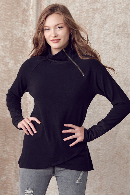 Crossover Hem Sweatshirt with Zipper Detail