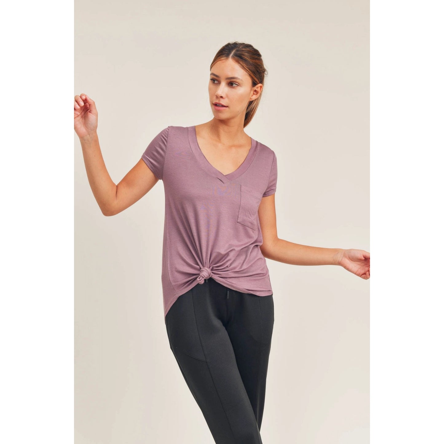 Short Sleeve V Neck Pocket Top