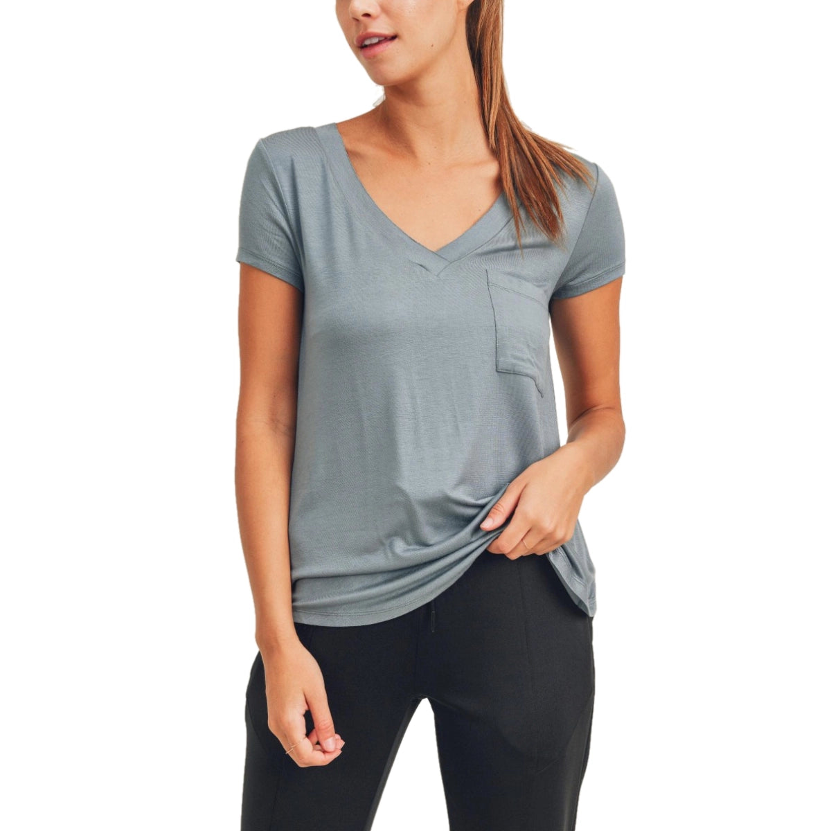 Short Sleeve V Neck Pocket Top